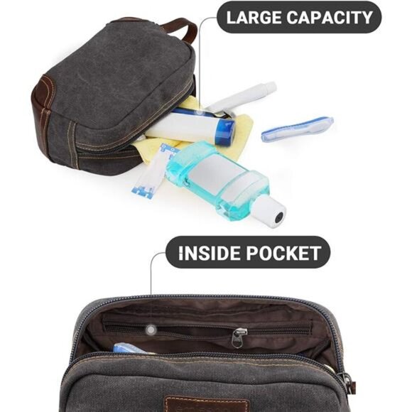 Travel Toiletry Bag for Men, Leather and Canvas Toiletry Bags, Dopp Kit for Men - Picture 4 of 7